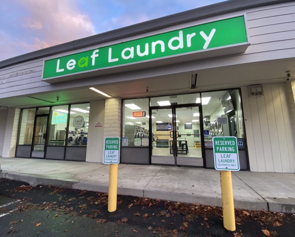 Store front of Leaf Laundry Foothill Farms in the evening